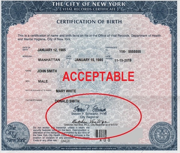 Is a short form birth certificate acceptable for an apostille?
