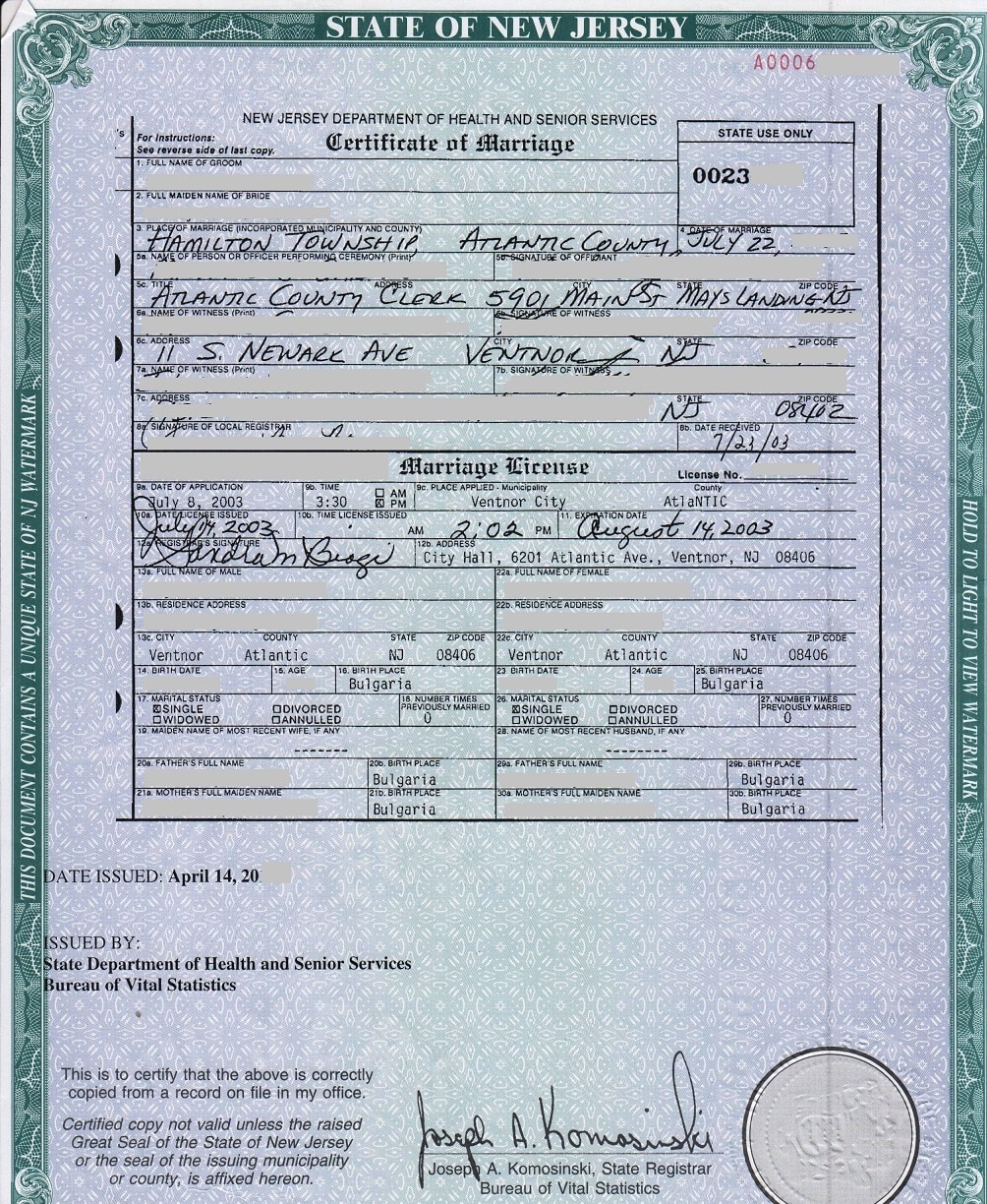 New Jersey Birth Certificate Long Form