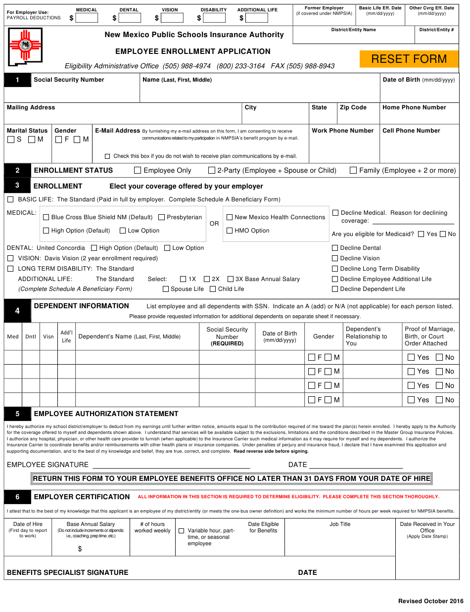 New Mexico Employee Enrollment Application Form
