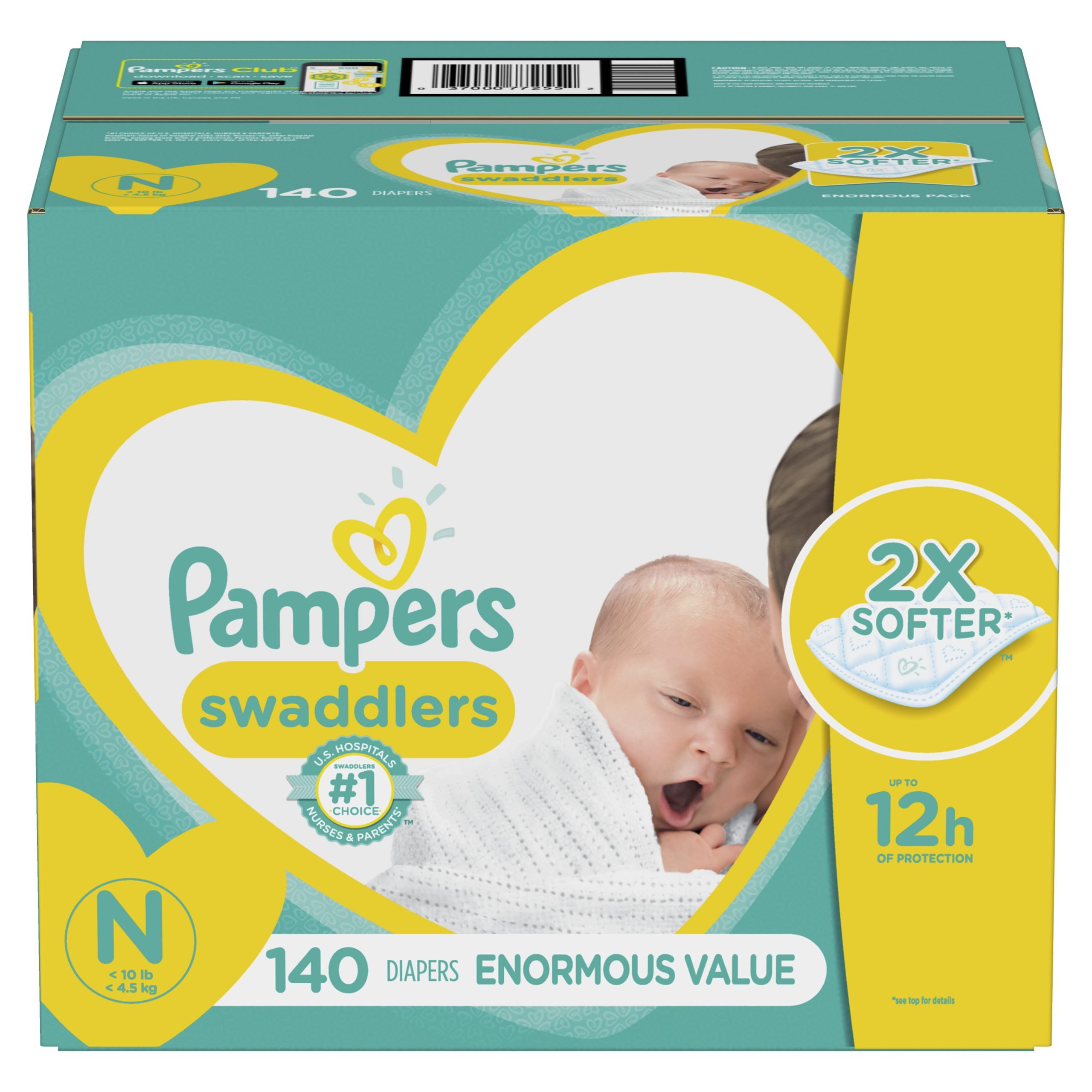 Pampers Swaddlers Soft and Absorbent Diapers, Size N, 140 Ct