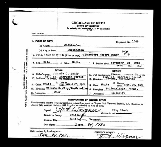 Ted Bundy birth certificate reflects Vermont adoptions in 20th century